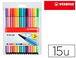 Rotulador acuarelable Stabilo Pen 68 estuche 10 colores estándar + 5 colores neón.